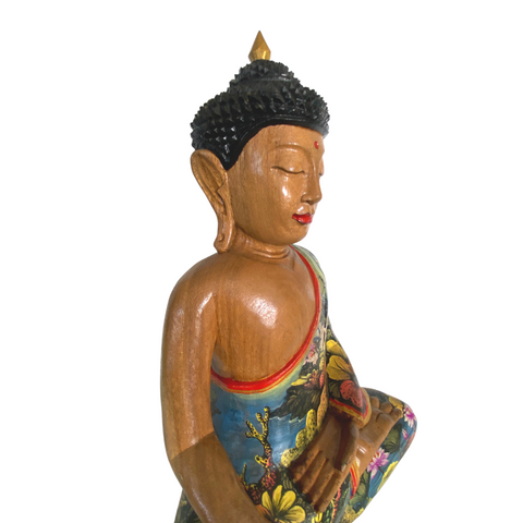 Bhumisparsha Mudra Buddha Sculpture Painted & Carved Wood Statue Balinese art