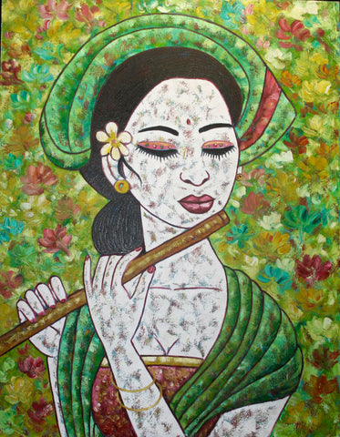 Balinese Women Playing Flute Painting Acrylic on Canvas