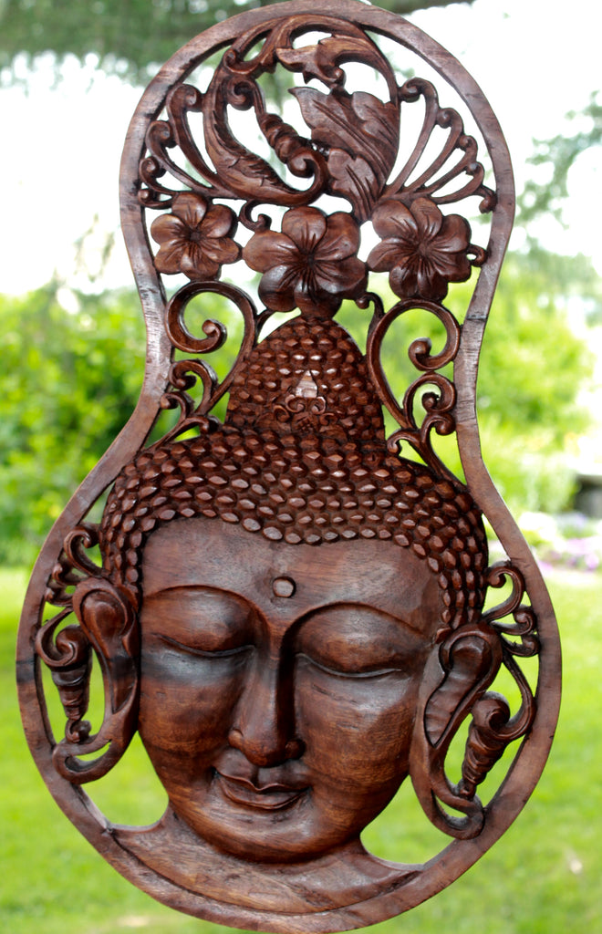 Peaceful Buddha Meditating Wall Plaque Panel Carved Wood Balinese art - Acadia World Traders