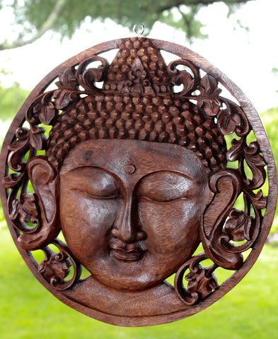Peaceful Buddha Meditating Round Panel Carved Wood Balinese Wall art - Acadia World Traders