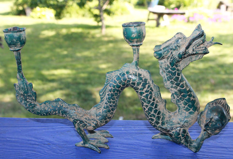 Cosmic Dragon Naga w/ Pearl Bronze Candelabra Statue Candleholder Indonesian Art - Acadia World Traders