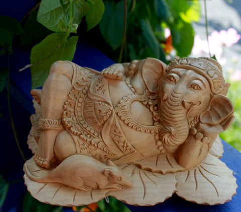 Balinese Reclining Ganesh with Vahana Mouse Wise Elephant God Wood Carving - Acadia World Traders