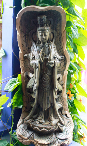 Kwan Yin Bodhisattva Of Mercy Balinese Hand Carved Wood Statue - Acadia World Traders