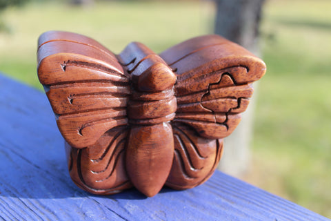 Butterfly Secret Puzzle Trinket Box Hand Carved Wood