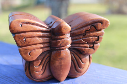 Butterfly Secret Puzzle Trinket Box Hand Carved Wood - Acadia World Traders