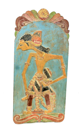 Vintage Wayang Shadow Puppet Wall art Panel Carved Polychrome Wood Indonesia