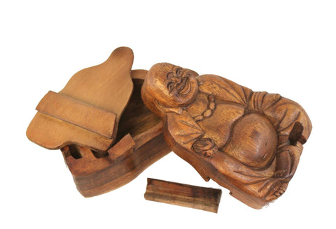 Laughing Fat Buddha secret puzzle Box Stash Trinket jewelry carved wood Bali art - Acadia World Traders