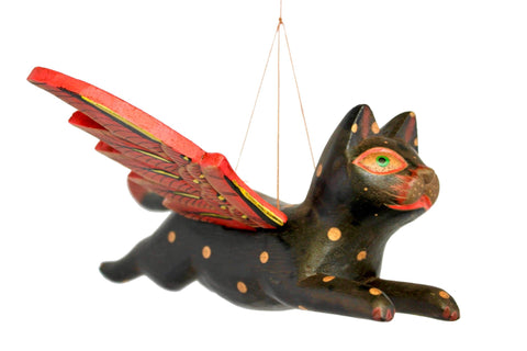 Winged BLACK CAT MOBILE Flying Demon Chaser carved wood Balinese Folk Art 8" - Acadia World Traders