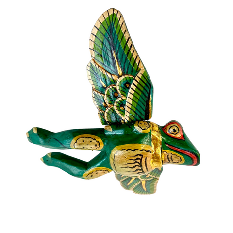 FLYING Frog Mobile Winged Spirit Chaser carved wood Balinese Folk Art green