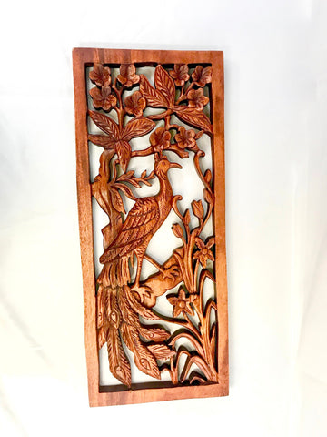 Balinese Peacock Panel Wall Art Plaque Hand Carved Wood Asian Decor - Acadia World Traders