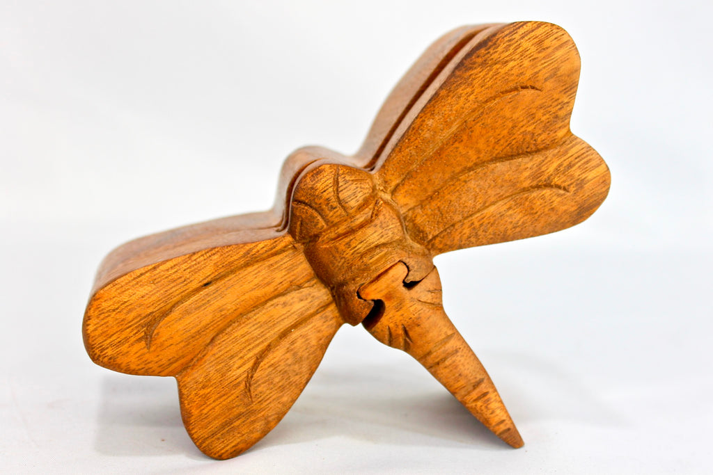 Dragonfly Secret Puzzle Stash Box Hand Carved Wood - Acadia World Traders