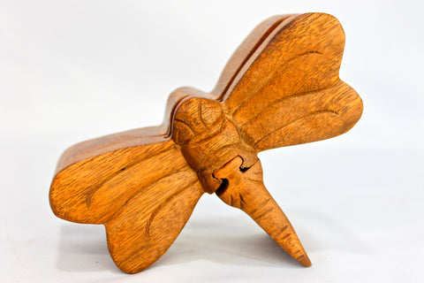 Dragonfly Secret Puzzle Stash Box Hand Carved Wood