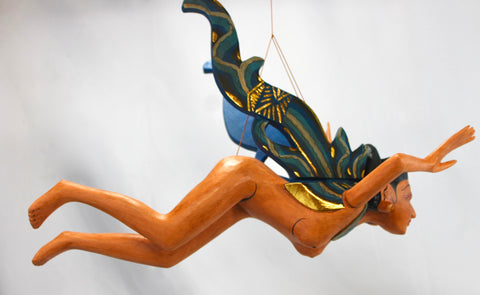 Flying Dewi Sri Nude Goddess Mobile Demon Chaser Carved Wood Balinese art Teal - Acadia World Traders