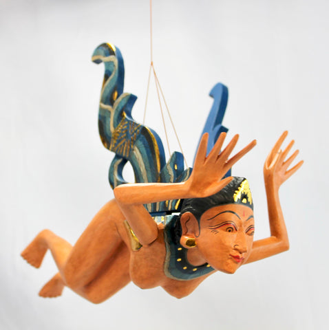 Flying Dewi Sri Nude Goddess Mobile Demon Chaser Carved Wood Balinese art Teal - Acadia World Traders