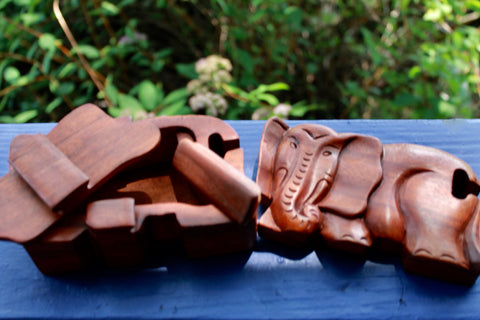 Elephant Secret puzzle Box Stash Trinket carved suar wood - Acadia World Traders