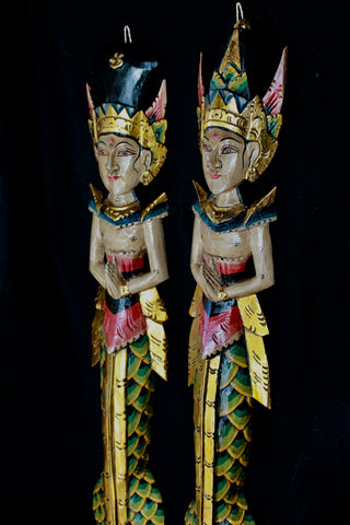 Balinese panel mermaid Rama & Sinta hand carved wood Bali wall art - Acadia World Traders