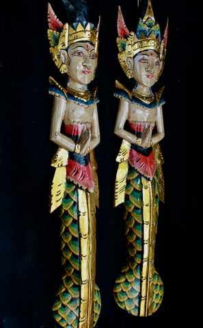Balinese panel mermaid Rama & Sinta hand carved wood Bali wall art - Acadia World Traders
