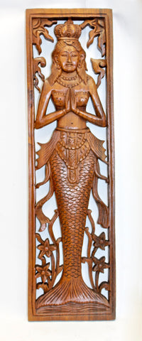 Nyi Blorong Mermaid Panel hand carved Balinese wood - Acadia World Traders