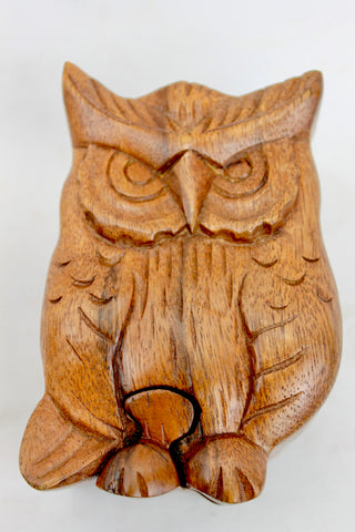 Wise Owl Secret Puzzle Trinket Box Hand Carved Wood