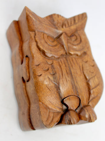 Wise Owl Secret Puzzle Trinket Box Hand Carved Wood - Acadia World Traders