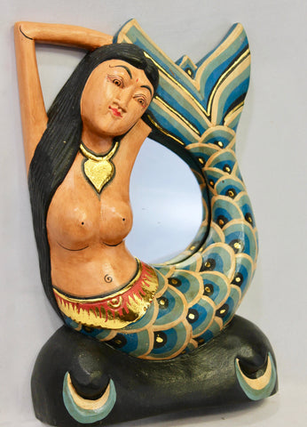 Balinese Mermaid Mirror Sea Siren Goddess carved Painted wood Balinese folk art