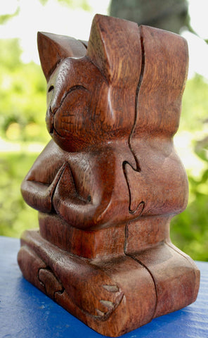 Namaste Cat  Secret puzzle Box Stash Trinket carved suar wood Bali Art