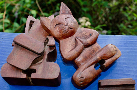 Namaste Cat  Secret puzzle Box Stash Trinket carved suar wood Bali Art