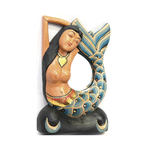 Balinese Mermaid Mirror Sea Siren Goddess carved Painted wood Balinese folk art