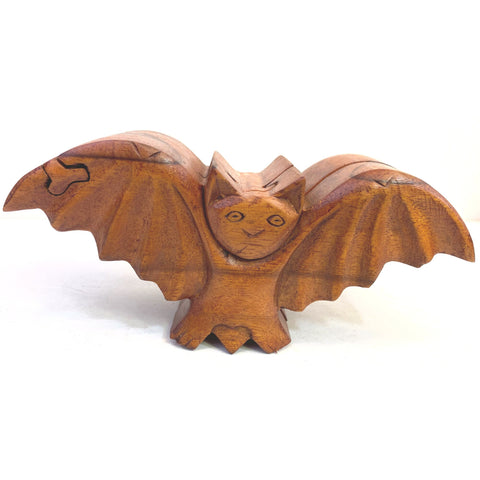 Gothic Flying Bat Secret Puzzle Stash Box Jewelry Box Hand Carved Wood Carving Chiroptera Bali Art