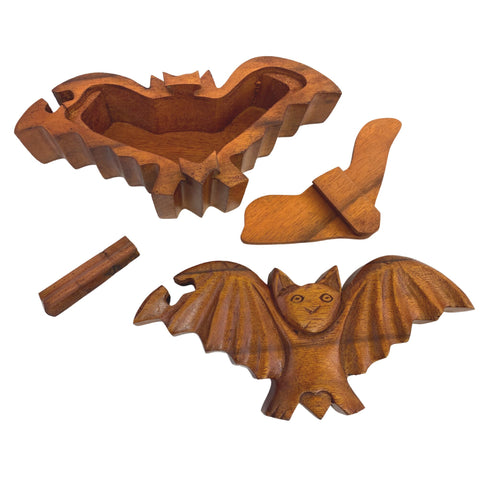 Gothic Flying Bat Secret Puzzle Stash Box Jewelry Box Hand Carved Wood Carving Chiroptera Bali Art