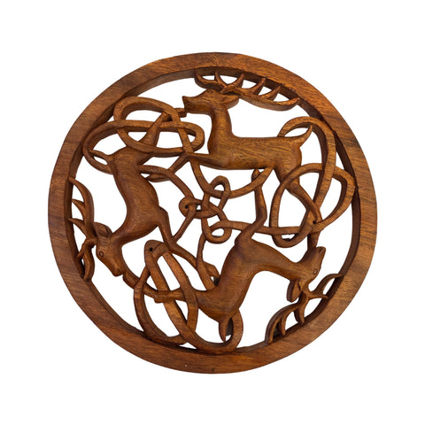 Celtic Deer Panel Wall Art Round Plaque Hand Carved Balinese wood Carving Decor