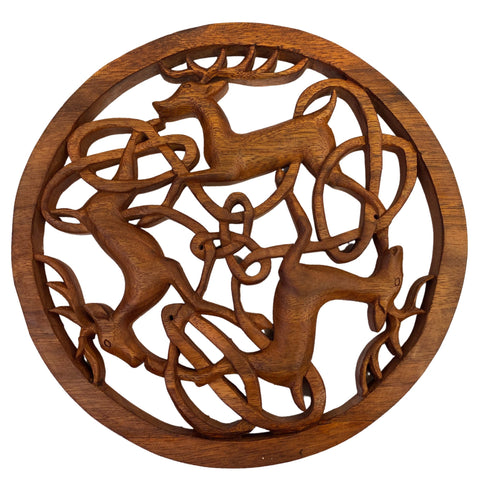 Celtic Deer Panel Wall Art Round Plaque Hand Carved Balinese wood Carving Decor