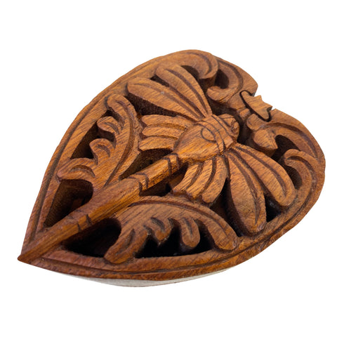 Dragonfly Heart Secret Puzzle Stash Box Jewelry Box Hand Carved Wood Carving