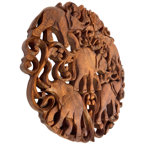 Elephant  Family Panel Wall Art Round Plaque Hand Carved Balinese wood Carving Decor