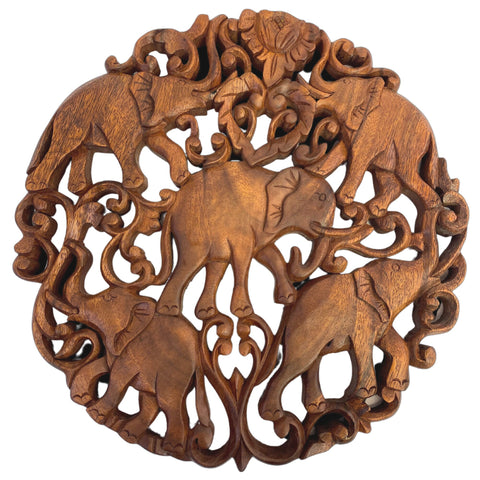 Elephant  Family Panel Wall Art Round Plaque Hand Carved Balinese wood Carving Decor