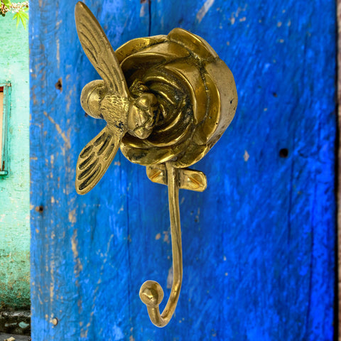 Rose and Bee Wall hook handmade solid brass coat hook gold  metal Home decor