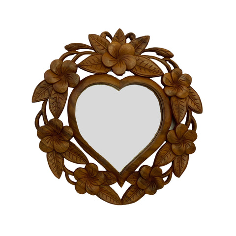 Balinese Decorative Heart Wall Mirror Hand Carved Frangipani Plumeria Floral Relief Bali Wall art Suar Wood Carving home decor Looking Glass