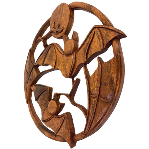 Balinese Gothic Flying Bat Full Moon Panel Wall Art Round Plaque Hand Carved Wood Carving Spooky Decor