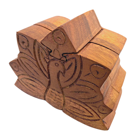 Peacock Peafowl Bird  Secret Puzzle Stash Box Jewelry Box Hand Carved Wood Carving