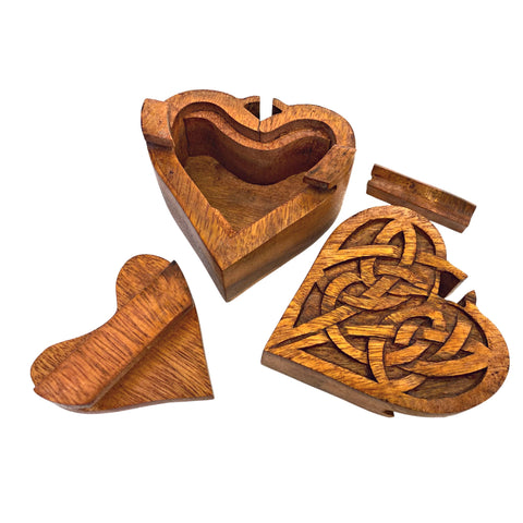 Celtic Knot Heart Secret Puzzle Stash Box Jewelry Box Hand Carved Wood Carving