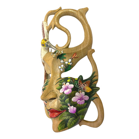 Balinese Abstract Mask Golden Bird Rainforest Goddess Dream Mask Carved Wood Carving Bali Wall Decor Art