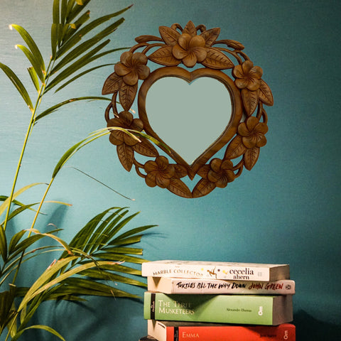 Balinese Decorative Heart Wall Mirror Hand Carved Frangipani Plumeria Floral Relief Bali Wall art Suar Wood Carving home decor Looking Glass