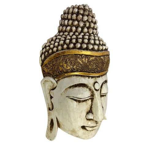 Antique White Buddha Gold Mask Hand Carved Wood Carving Balinese Wall Art Handmade Eclectic Boho Asian Decor