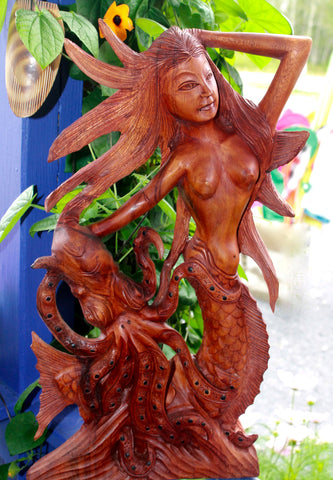 Mermaid Octopus Kraken Sculpture Wood Carving Statue Hand Carved