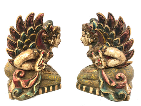 Bidadari Winged Dewi Goddess Balinese Temple Statue set Carved Wood Balinese Art - Acadia World Traders