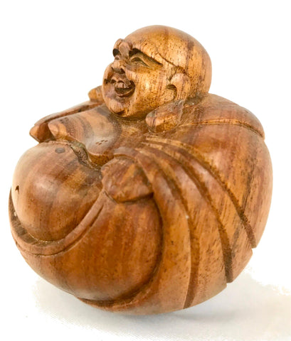 Hotei Laughing Buddha Statue Sculpture hand carved wood Bali Art - Acadia World Traders