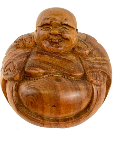 Hotei Laughing Buddha Statue Sculpture hand carved wood Bali Art - Acadia World Traders
