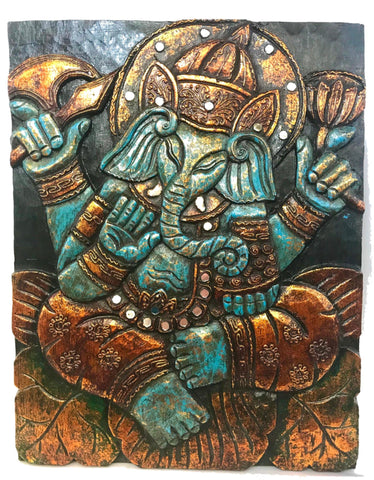 Blue Lotus Pose Ganesha Carved Wood Wall Art Sculpture Panel - Acadia World Traders