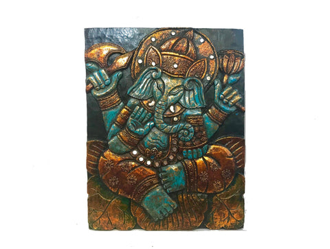 Blue Lotus Pose Ganesha Carved Wood Wall Art Sculpture Panel - Acadia World Traders