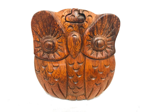 Horned Owl Box Secret Puzzle Stash box Hand Carved Wood - Acadia World Traders
